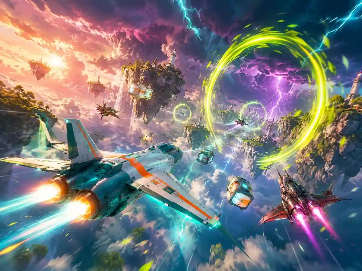Fast action scene of courier aircraft racing through storm gates