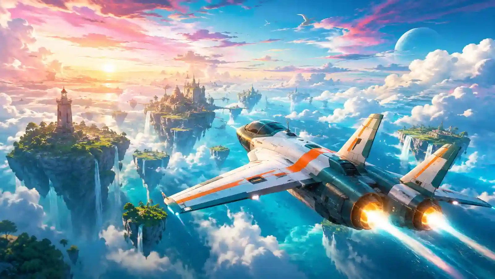 Courier aircraft flying over floating islands and waterfalls